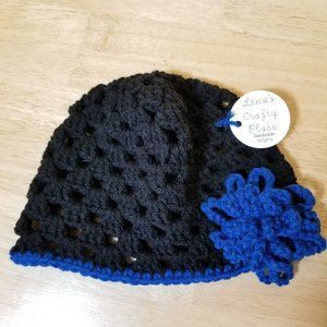 Flower Black Blue Handmade beanie hat